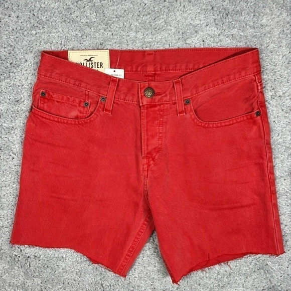 Hollister Shorts Mens 30 Denim Skinny Jean Cut Offs Red Distressed Button Fly - Picture 1 of 4